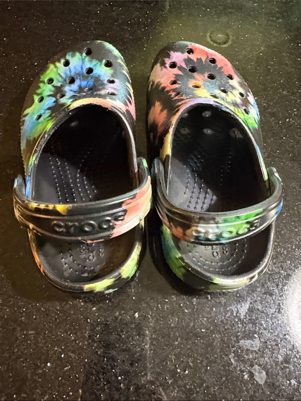 CROCS Kids Tie-Dye Slip-On Clogs - Black with Rainbow Accents